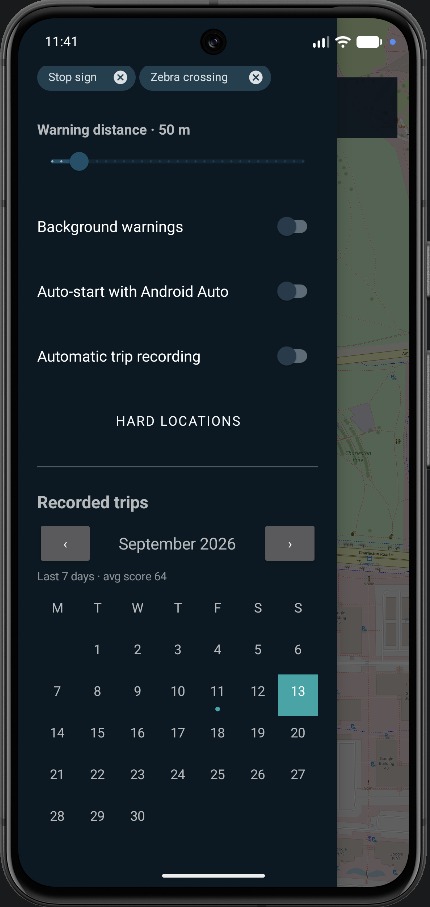 Settings drawer showing city selection and chosen warning types