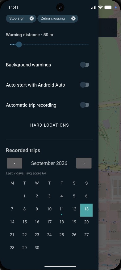 Settings drawer showing city selection and chosen warning types